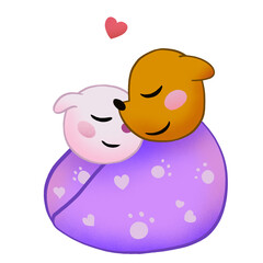 Flat design dog heads are snuggling on purple cushion with heart-paw motifs, transparent background