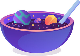 Fototapeta premium Flat design showing purple bowl, light blue spoon holding stars, planets, transparent background