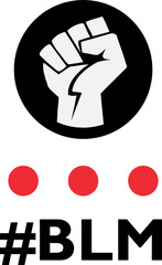 Stylized raised fist is standing in flat design, transparent background, three red circles and #BLM
