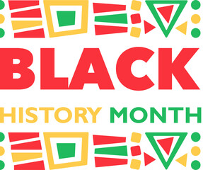 Black History Month flat design is showing red lettering and yellow green shapes on transparent