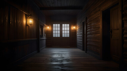 Dark Wooden Hallway in Rustic Old Cabin at Night