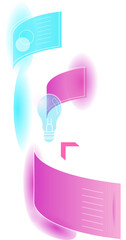 Infographic is showing light bulb with panels, 03 or 04 labels and cube floating on clear background