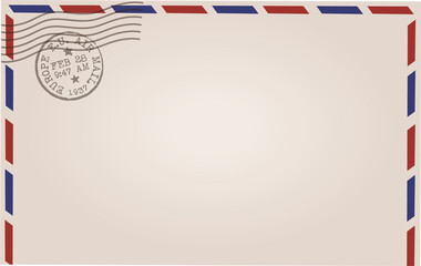 Vector airmail envelope is showing on clear layer, featuring red-blue border and cancellation mark