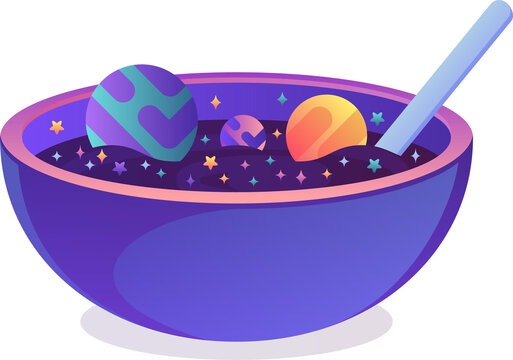 Naklejki Flat design showing purple bowl, light blue spoon holding stars, planets, transparent background