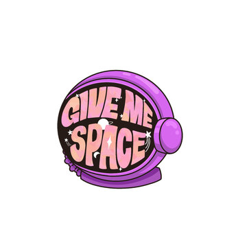 Naklejki Cartoon purple astronaut helmet is floating with GIVE ME SPACE text, stars, transparent background