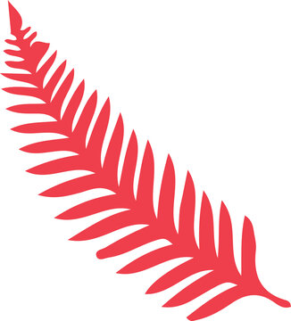Flat design red fern frond silhouette is appearing at angle on transparent background, copy space