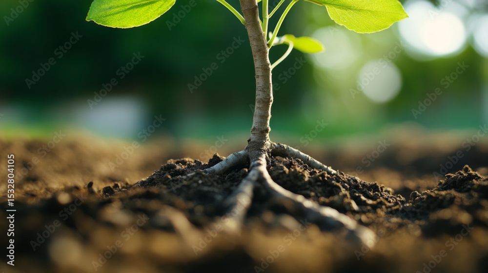 Poster a close-up of a young tree's roots taking hold in the earth, highlighting its stability and connecti