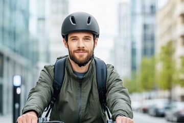 Casual Male Commuter Riding Bicycle with Helmet