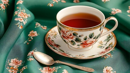 Elegant Tea Cup with Floral Design on Green Fabric Fold Clean Antique Timeless