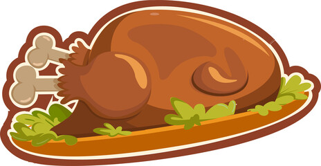 Cartoon-style roasted bird is sitting on oval platter with herbs, transparent background