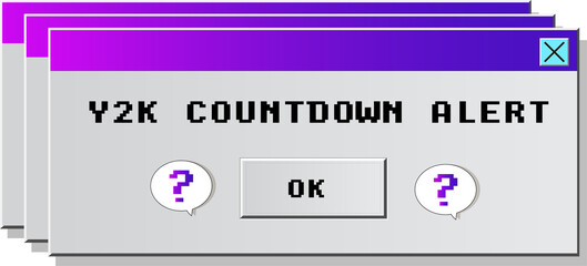 Y2K flat design dialog boxes are stacking on transparent background with gradient bar, OK button