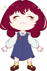 Chibi girl is smiling with golden sparkles, strawberry emblem in flat style, transparent background