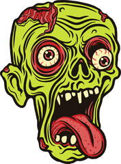 Comic zombie head showing exposed brain bulging eyes tongue on transparent background, copy space