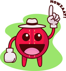 Flat design cricket ball with gloves is showing HOWZZAAT over green blob, transparent background