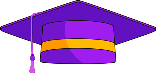 Purple yellow graduation mortarboard cap is showcasing hanging tassel on transparent background