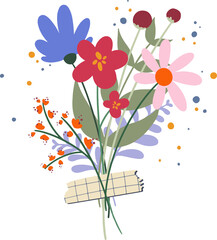 Flat bouquet is featuring flowers and leaves, orange blue dots, grid tape transparent background