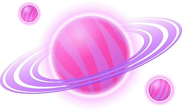 Naklejki Ringed planet is floating in flat design with pink-purple rings and orbiting moons, clear canvas