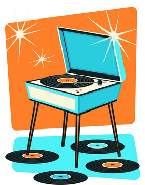 Fototapeta Retro turntable is showing records and sparkles in flat design, transparent background, copy space