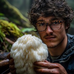 Oregon mushrooms featuring large lion's mane fungus with distinctive white cascading spines examined by mycologist in natural forest habitat
