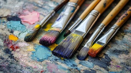 Obraz premium A close-up of paintbrushes and watercolor paints beside a beautifully colored artwork, capturing the transition from drawing to vibrant coloring