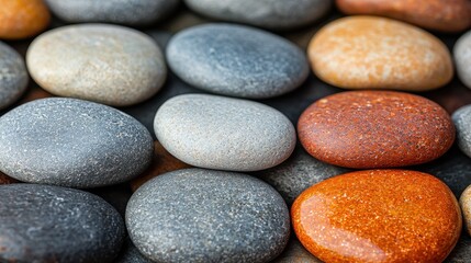 Montana river rocks arranged in artistic composition showcasing polished surfaces with varied textures from slate gray to rusty orange tones