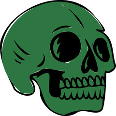 Green skull is floating in flat illustration facing right, hollow sockets on transparent background