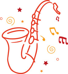 Flat design saxophone is floating on transparent layer, swirling musical notes, stars and spirals