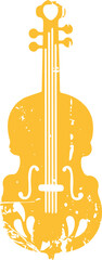 Weathered yellow instrument silhouette is showing f-holes with grunge on transparent background