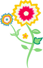 Flat floral illustration is being shown on transparent background, with green stem, colorful blooms