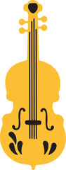 Flat design is showing golden violin with black pegs, strings, f-holes, transparent background