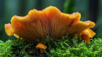 Oregon mushrooms close-up macro shot of beautiful golden chanterelles with detailed gill patterns growing in lush green moss, soft natural lighting highlighting intricate fungal textures and forest e