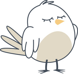 Flat bird is standing on transparent background, white-beige belly and tail feathers, yellow beak