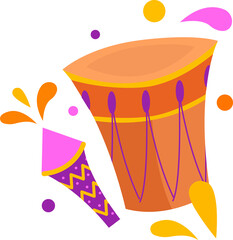 Flat design showing orange drum and party popper cone bursting confetti on transparent background