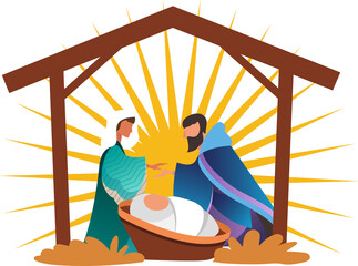 Flat design is showing parents with baby in manger under stable with golden rays clear background