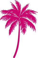 Featuring flat pink palm tree silhouette curving trunk, radiating fronds on transparent backdrop