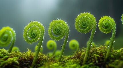 Smoky mountain ferns macro shot of unfurling spiral fronds covered in dewdrops, intimate close-up against misty forest background, morning light illuminating delicate green botanical patterns