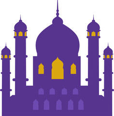 Mosque graphic is rising on transparent background, showing flat design with dome and minarets