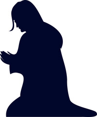 Hooded kneeling figure is bowing head in flat design silhouette for prayer, transparent background