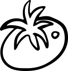 Stylized tomato is being depicted with leafy calyx in line illustration with transparent background