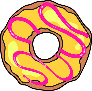 Naklejki Cartoon donut is floating in flat design with yellow icing and pink drizzle on transparent backdrop