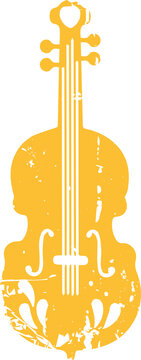 Weathered yellow instrument silhouette is showing f-holes with grunge on transparent background