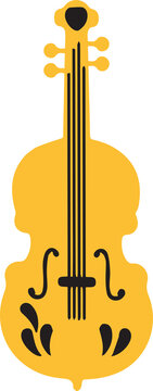 Flat design is showing golden violin with black pegs, strings, f-holes, transparent background