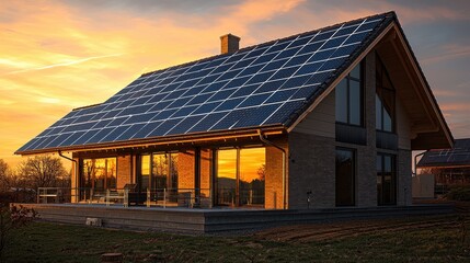 Panel mounting system professional installation residential solar panels modern brick house uniform grid pattern golden hour lighting
