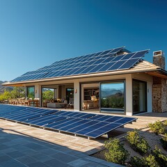 Solar panel assessment modern luxury house rooftop installation stone exterior clear blue sky renewable energy system evaluation