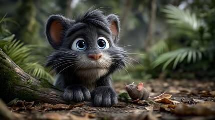 A playful animated cat chasing a nimble rat through fallen leaves and thick underbrush in a lush jungle environment