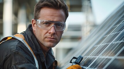 Solar panel assessment specialist conducting quality inspection of solar installation on contemporary home with safety equipment