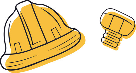 Yellow hard hat is showcasing flat vector style, with screw fastener on transparent backdrop