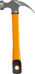 Claw hammer is showing metallic head and bright orange handle in flat design on transparent bg