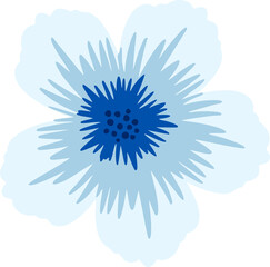 Flat flower art is showing light-blue petals with navy stamen and dots, transparent background