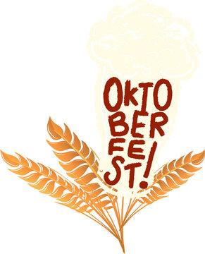Naklejki Brush-style beer glass is showing OKTOBERFEST text with foam, wheat stalks, transparent background